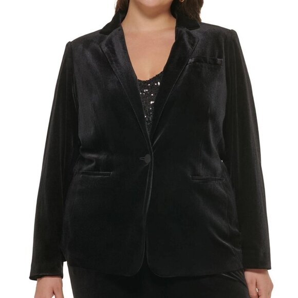Calvin Klein Velvet Blazer Jacket Women's Plus Size 22W Black One-Button Evening - Picture 1 of 12